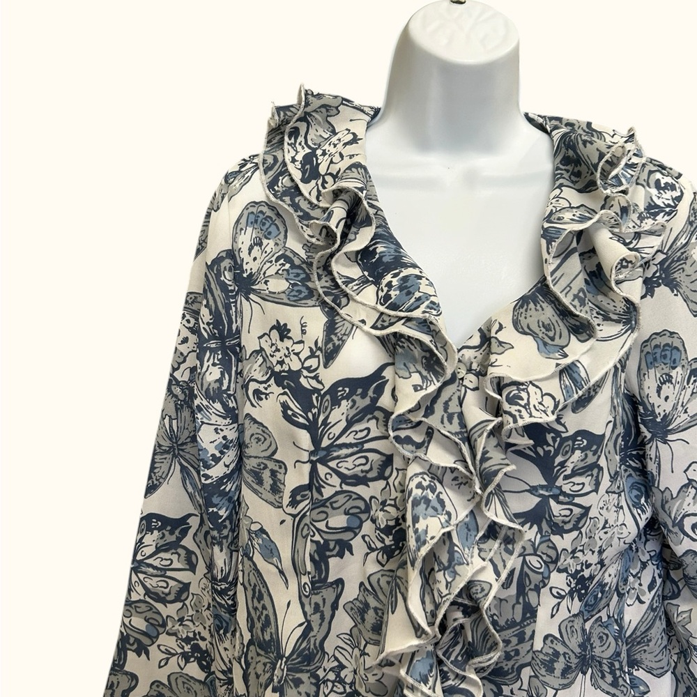 Together Blue Butterfly Ruffle Blouse | Size 10 Shell Buttons - Picture 2 of 5